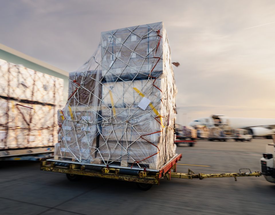Freight delivery process with secured cargo pallets at airport logistics area