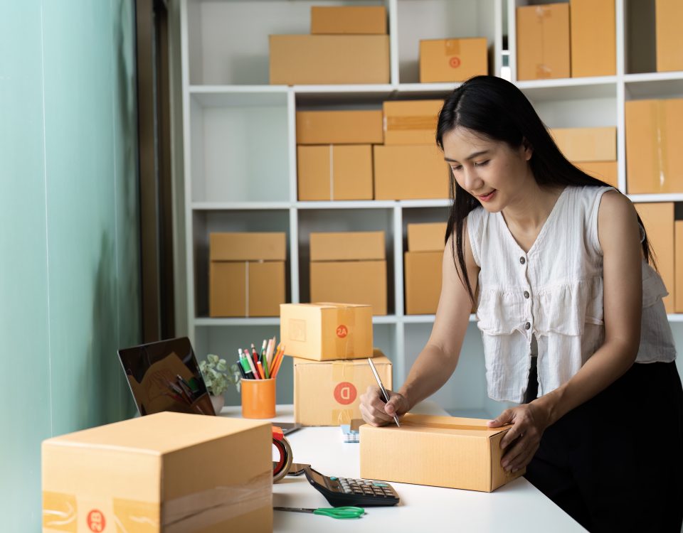 E-commerce seller preparing Lazada parcels for warehouse fulfillment
