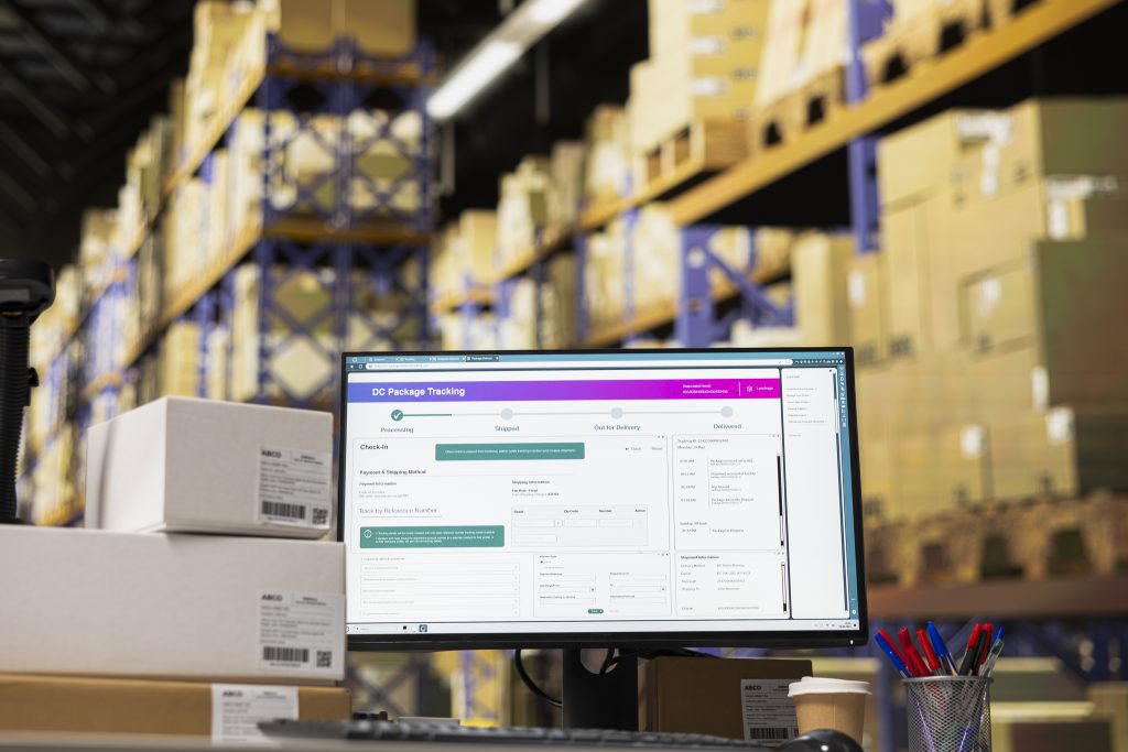 Logistics warehouse system showing package tracking and delivery status